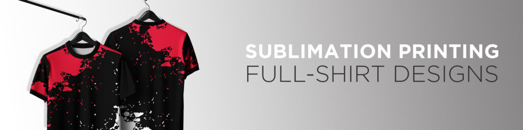 sublimation printed, full-shirt designs, custom T-shirt printing "Sublimation printed full-shirt designs in red and black – custom all-over T-shirt printing for sports teams and promotional apparel."