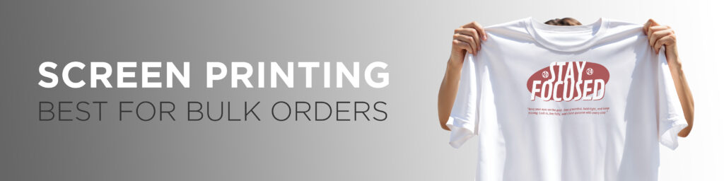 screen printing, white T-shirt, Stay Focused design "Screen printing on white T-shirt with 'Stay Focused' design – ideal for bulk custom apparel orders, events, and promotional printing."